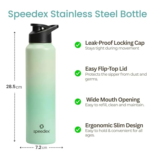 Image of Speedex Stainless Steel Water Bottle 1 Ltr, Leak Proof Sipper Cap, BIS Approved 1000 ml Metal Bottle For Daily, Office, School, Gym, Travel Use for Men, Women, Kids, Adults, Dual Green, Set of 1