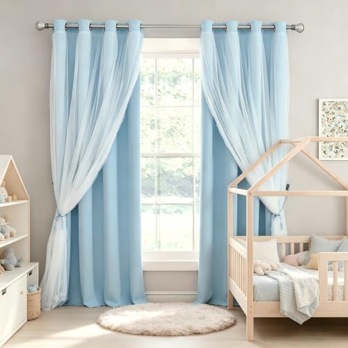 Image of Blackout and Sheer Curtains Set- Mix & Match Window Treatments Light Blocking Drapes 2 Layers Decor with Tie-Backs for Kids /Girl's Bedroom, Living Room, 52 by 96 in, Light Blue, 2 PCS