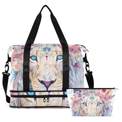 ALAZA Sports Duffel Bags with Toiletry Bag Set,Lion Travel Duffel Bags Multi Pockets Weekend Bag