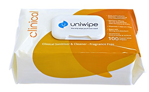Uniwipe Clinical Sanitising Wipes, 38 cm x 25 cm, Pack of 100