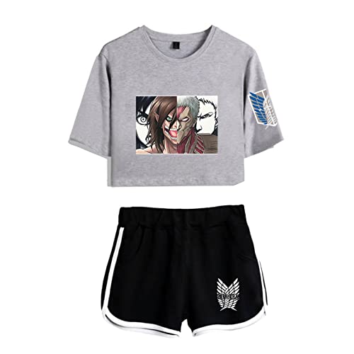 dashcos Anime Attack on Titan Conjuntos de chándal Traje de Dos Piezas Eren Jaeger Ropa Deportiva Crop Top y Pantalones Cortos para Mujer niña Cover