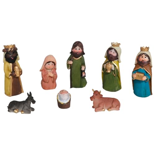 Acan Tradineur Lot de 8 figurines de crèche pour enfant style naïf résine Joseph Marie Enfant Jésus Rois Mages Bœuf Mule Décoration Crèche Noël 9 cm