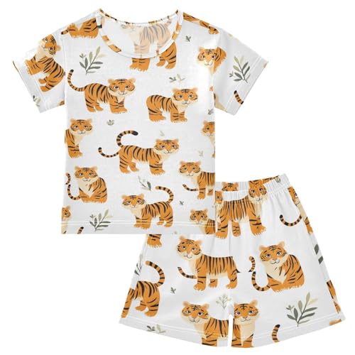 Pajama Short Sets Cute Tiger Pattern Prints Soft Cotton Summer Sleepwear 2 Piece PJS Size 5-14T