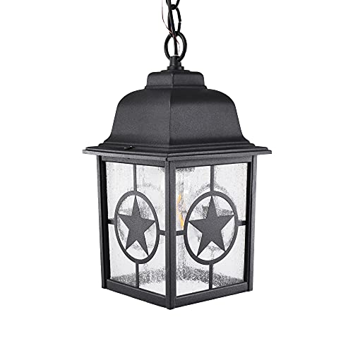Coramdeo Country Star Outdoor Farmhouse Pendant Light For Patios, Porches, And More, E26 Standard Socket, Suitable For Damp Location, Black Powder Coat Cast Aluminum With Seedy Glass #TOP1