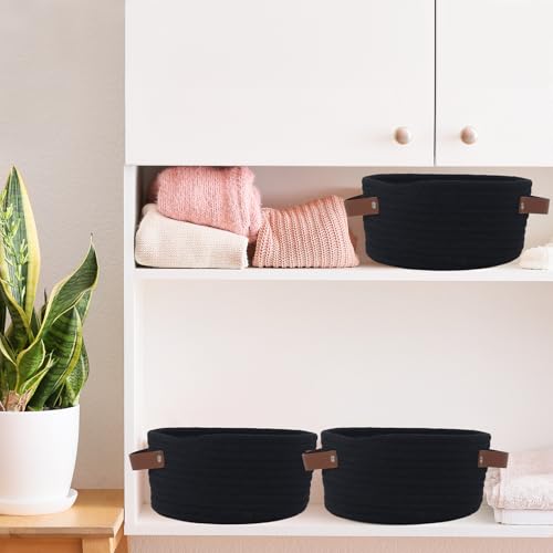 Image of Small Woven Basket, Cute Mini Cotton Rope Storage Basket with leather handle, Tiny Decorative Round Storage Bin, Boho Empty Gift Baskets for Organizing, Toy Organizer for Nursery (Black)