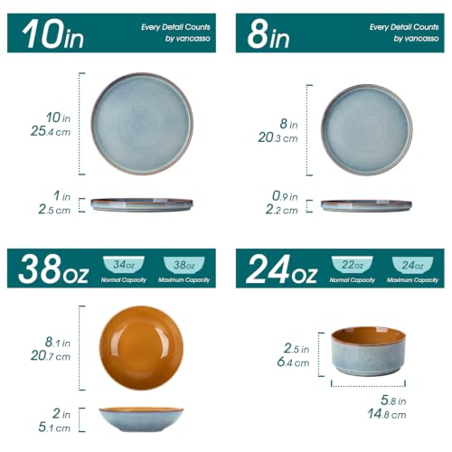 Image of ONION Ceramic Plates and Bowls Sets for 6, 24 Pieces Stoneware Dinnerware Sets for Kitchen, Reactive Glaze Dish Set, Dishwasher and Microwave Safe, Light Blue