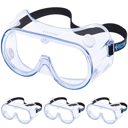 TICONN Anti-Fog Safety Goggles, HD Clear Eye Protection, ANSI Z87.1 Lab Goggles for Chemistry, Industrial (4PK)