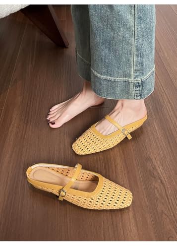 Women's Hollowed Out Straw Boho Ballet Flats Woven Closed Toe Silp On Mules Mesh Mary Jane Flats3