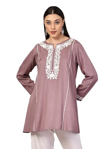 Image of QAZMI Women's Ardra Aari Embroidered Viscose Rayon Full Sleeves A-Line Flared Short Kurti