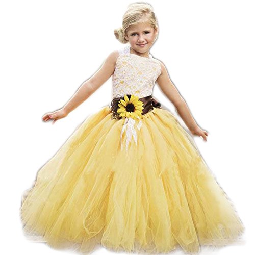 AnnaLin Yellow Tulle with Sunflower Belt Flower Girl Dress for Wedding Party Kids Prom Dress2