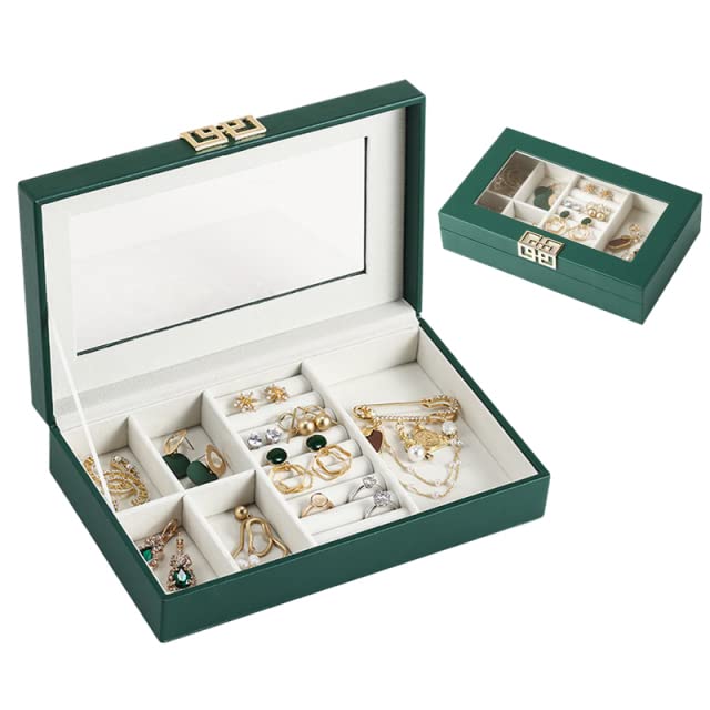 Caja de almacenamiento de joyas con tapa abatible transparente, organizador de cajones de doble capa para aretes, anillos, collares, caja de joyería de la Federación Rusa, mini verde