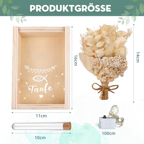 Taufe Geschenk, Geldgeschenk Taufe für Mädchen und Jungen, inklusive Getrocknete Blumen, Holzbox, Kunststoff Reagenzglas, Lichterketten, Geldgeschenke Verpackung (Beige)