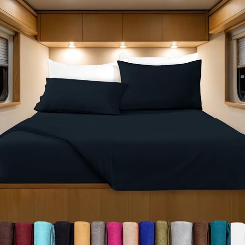 Image of Elegant Comfort Luxurious 1500 Premium Hotel Quality Microfiber Three Line Embroidered Softest 4-Piece Bed Sheet Set, Wrinkle and Fade Resistant, RV Short Queen, Black