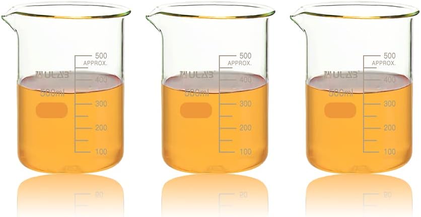 ULAB Scientific Glass Beakers, Vol. 500ml, 3.3 Borosilicate Griffin Low Form with Printed Graduation, Pack of 3, UBG1026