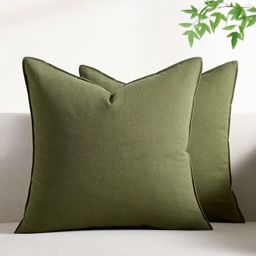 Serento Pack of 2 Cushion Covers 45x45 cm Olive Green Square Cushion Cover 18x18 inch Cotton Throw Pillow Cover Boho Decorative Throw Pillowcase for Living Room Sofa Bedroom