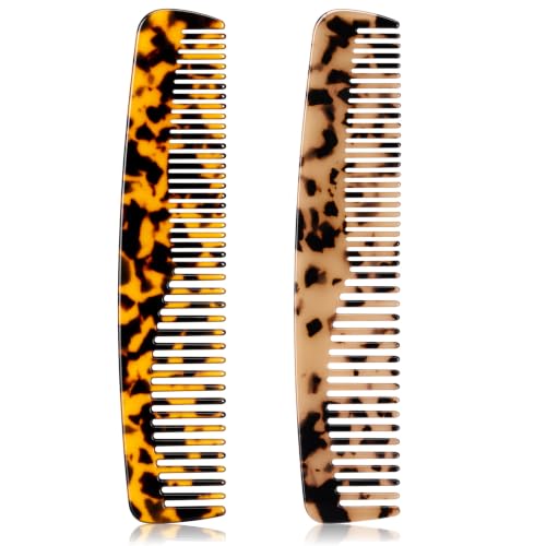 Ferrochef Paquete de 2 peines de dientes finos y anchos para el aseo diario, acetato de celulosa, peine de peinado hecho a mano para todo tipo de cabello, herramienta de desenredado de cabello húmedo
