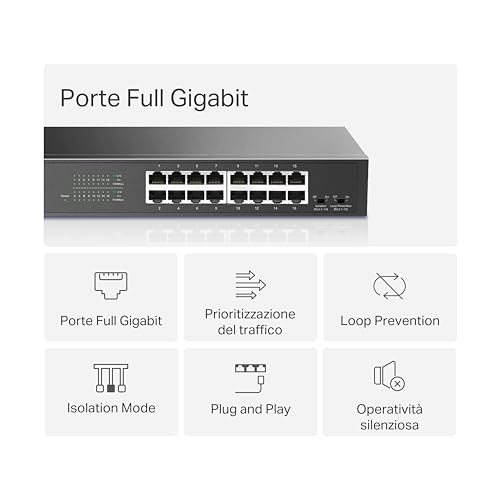 TP-Link Mercusys MS116GS Switch Gigabit 16 Porte, Montaggio Desktop o Rack, Plug & Play, Priorità del Traffico, Prevenzione Loop, Modalità di Isolamento, Funzionamento Silenzioso, Case in Metallo - Immagine 3