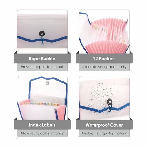 Image of Polen Expanding Cheque Book Holder Case, 13 Pocket Transparent Passbook Holder /Bill Folder /Passport /Memo Card /Cash Storage Pouch Organizer with Elastic Closure.(Blue)