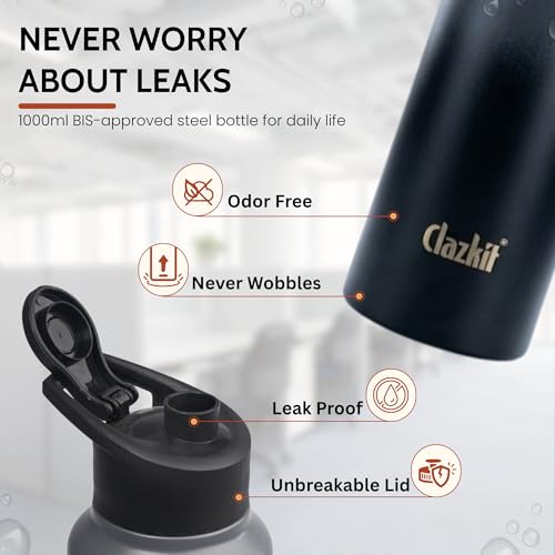 Image of Clazkit Dual Colored Stainless Steel Water Bottle |ISI Certified Leakproof,Durable for School Kids, Fridge, Sports, Gym, Yoga & Office - Easy to Clean & Reusable-1000ml - Set of 3 -Black