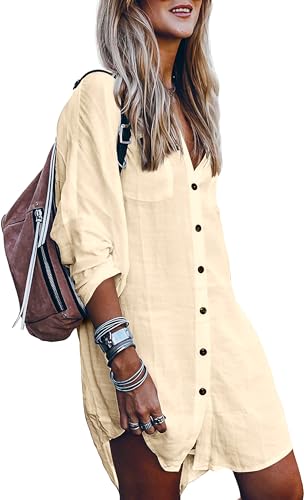 Image of POGTMM Women's Swimsuit Cover Up 3 /4 Sleeve Button Down Shirt Dress