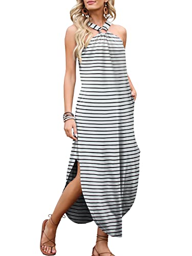 Anrabess Women's Summer Sleeveless Loose Maxi Dresses Criss Cross Backless Striped Slit Long Dresses For Beach 478Baiheitiao-L #TOP3
