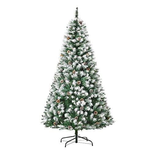 HOMCOM Árbol de Navidad Artificial 180 cm con Nieve con 800 Ramas 61 Piñas Hojas de Plástico Base de Soporte Metálica y Plegable Decoración Navideña para Interiores Verde