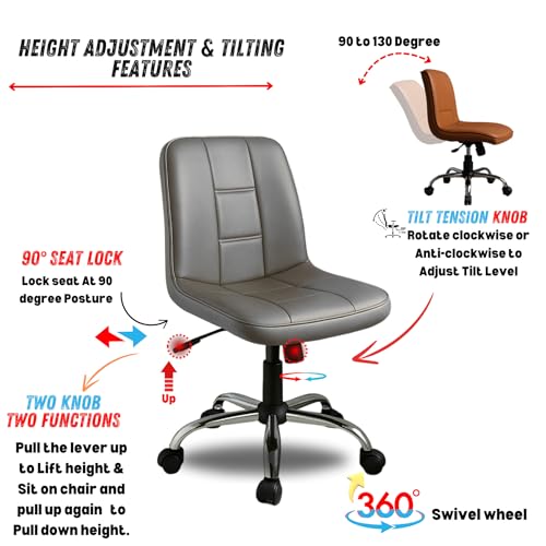 Image of Zidle Adjustable Swivel Office Chair with Cushioned Faux Leather Seat and Backrest Ergonomic Armless Study Chair with Wheels Height Adjustable Desk Chair for Home Office Study Room Bedroom Grey