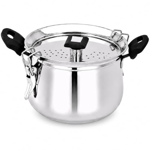 Image of MYNAKSHA Stainless Steel Strainer Pot with Lid, Heavy Base Rice Cooker with Locking Handles, Induction & Gas Compatible, Drain Easily, Ideal for Pasta, Lentils,Noodles & Vegetables - 4.6 L