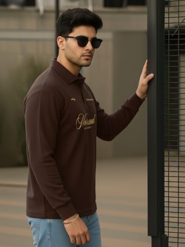 Image of Veirdo Men's Loopknit Cotton Oversized Baggy Fit | Full Sleeve Polo T-Shirt | Casual Streetwear with Ribbed Cuffs Travel | Sizes: S to XXL