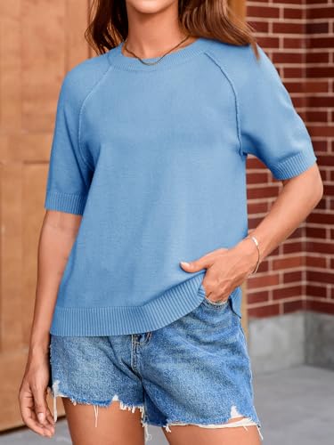 Cicy Bell Womens Short Sleeve Sweaters Crewneck Knit Tops Casual Loose Fit Dressy Pullovers Shirts Blue — view 2