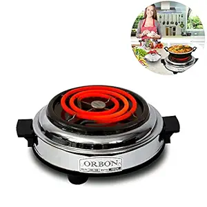 ORBON Round 1000 Watts Electric Coil Cooking Stove | Hookah Coal Burner | Electric Cooking Heater | Induction Cooktop | G Coil Hot Plate Cooking Stove | Works With All Metal Cookwares (Silver Chrome)