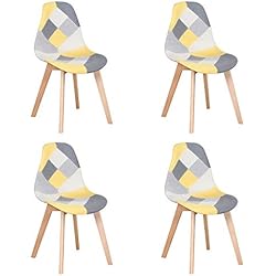 BenyLed Pack de 4 Sillas de Comedor Sillas de Patchwork con Patas de Madera Sillas Escandinavo con Respaldo de cojín Suave (Amarillo)