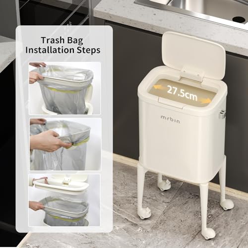 Image of MRBIN Metal Kitchen Trash Can with Wheel Legs, 23L /6.1gal Medium Press on Lid Slim Removable Waste Basket, Pet Proof Garbage Pail for Bedroom, Living Room, Cream White