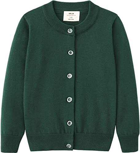 Girls Cardigan School Uniform Sweater Crew Neck Long Sleeve Button Cotton Sweaters Dark Green,5-6Years #TOP21