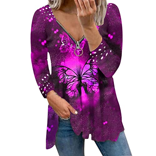 NBDSHOPQP Women s Heavy Cotton Long Sleeve T-Shirt Clothes for Women Plus Size Women Shirts Workout Graphic Tees for Women(E1-Purple,S)