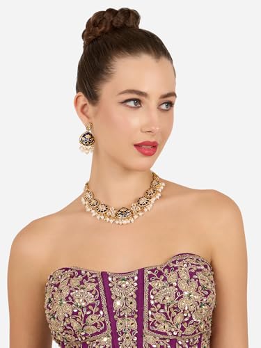 Image of ZAVERI PEARLS Blue Meenakari Lotus Design Kundan & Pearls Embellished Necklace & Earring Set For Women-ZPFK22306