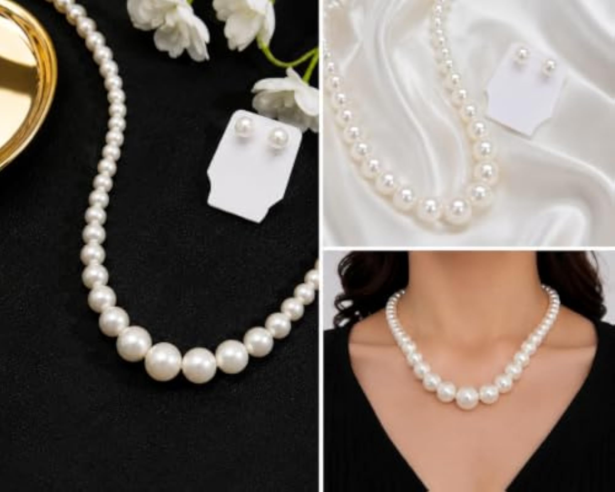 Pearl Necklace and Stud Earrings Jewellery Set, Classic White