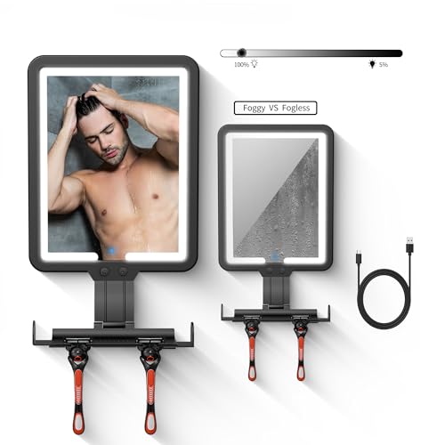Shower Mirror Fogless for Shaving,Quick Anti Fog Mirror for Shower with Light, 3-Color Led Light Bathroom Mirror with Strong Adhesive Backing, Dimmable Brightness Makeup Mirrors for Wall