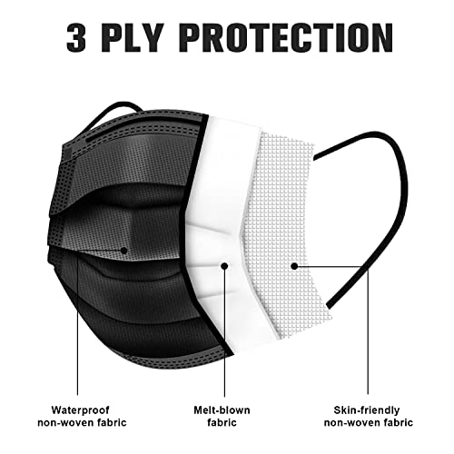 Made in USA Medical Grade Face Masks Disposable Black, 100 Pack 3-Layer Filter Safety Face Masks Black for Protection