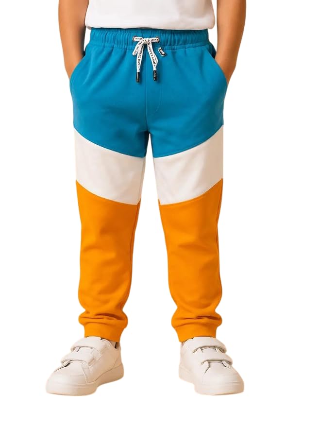 Blue & Mustard Color Block Jogger Pants for Boys – Soft Cotton Track Pants with Drawstring-picture-10