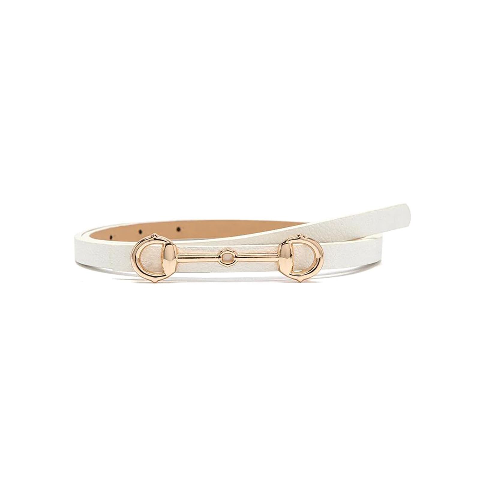 Risdany Horsebit Buckle Thin Belt, Women's Gold Buckle Jeans Suit Small Belt,White