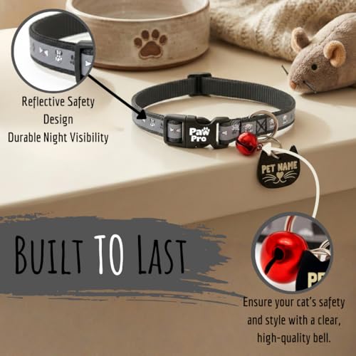 Image of PAWPRO HANDMADE Reflective Cat Collar with Custom ID Tag - Adjustable Breakaway Collar with Bell for Cats & Small Dogs - Personalized Name Tag (Shadow)