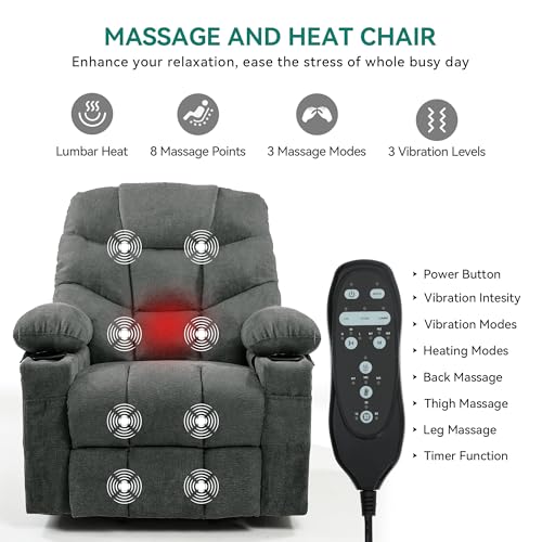 DWVO Power Lift Recliner Chair with Massage & Heat, Modern Fabric Recliner Chair, Spacious Fabric Seat, USB Ports, Cup Holders & Remote Control for Living Room, Dark Gray