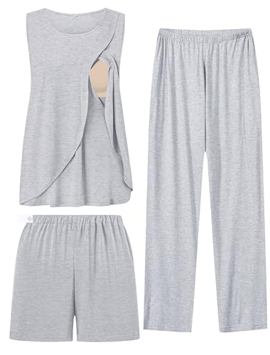 Image of SWOMOG Women Maternity Pajama Set 3Pcs Nursing Pjs Sleeveless Pregnancy Set Breastfeeding Pjs Double Layer with Pockets