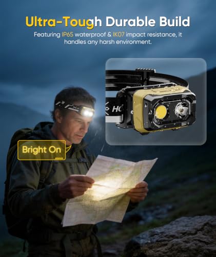 HOTLIGH Voice-Controlled LED Headlamp Rechargeable - 1000LM Headlight with IP65 Waterproof & Magnetic Back, 3 Modes Head Flashlight Rechargeable for Camping Running Hiking Fishing Emergency, Yellow — view 6