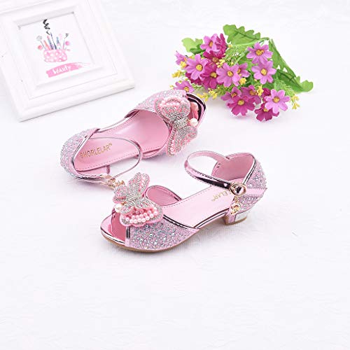Toddler Kids Girls Pearl Butterfly-Knot Crystal Single Princess Shoes Sandals Light Up Shoes for Girls (Pink, 5-5.5 Years)3