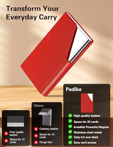 Image of Padike Business Card Holder, PU Leather & Stainless Steel Multi Card Case for Men & Women, Name Card Holder, Credit Card Wallet, ID Case /Holder with Magnetic Closure (Red)