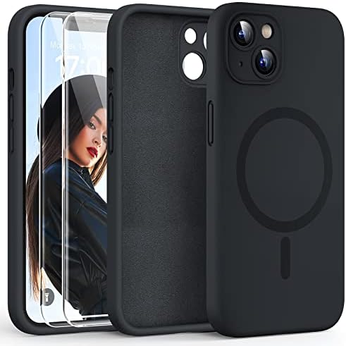 HATOSHI Silicone Magnetic for iPhone 13 Case, with 2 Pack Screen Protector [Wireless Charging Compatible] [Upgraded Camera Protection] Shockproof Protective Phone Case, Black