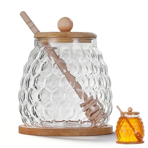 Siocok Glass Honey Pot Honey Jar with Spoon and Lid Glass Honey Equipped with wood Honey Stick And tray For home kitchens550ml