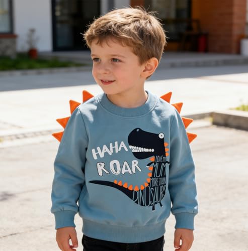 Image of Popshion Toddler Boys Sweatshirts Dinosaur Long Sleeve Pullover Crewneck Shirts Cartoon Tee Sport Tops for Kids 1-8T